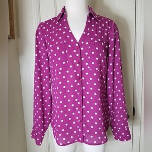 EXPRESS THE PORTOFINO SHIRT slim fit purple white polka dot long roll sleeve top